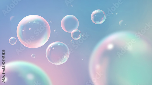 A dreamy composition of iridescent soap bubbles floating against a soft pastel gradient background, creating a whimsical and ethereal atmosphere.