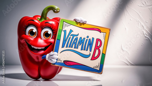 Cartoon happy character pepper with sign inscription vitamin B photo