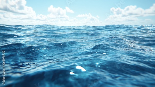 Calm blue ocean water with white clouds in the sky.