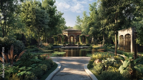 A picturesque pathway leads to a tranquil gazebo nestled within a lush garden, complete with a serene pond.