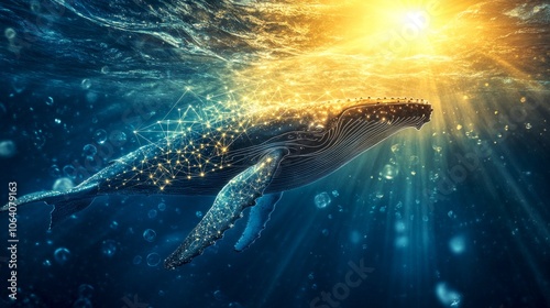 A majestic whale swims gracefully through the ocean. Sunlight illuminates the water, creating a magical atmosphere. Ideal for nature lovers and marine life enthusiasts. AI