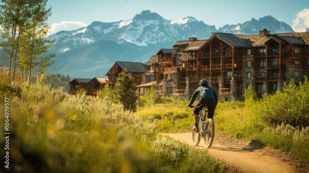 A mountain biker rides a dirt path towards a resort in the mountains. A mountain biker rides a dirt path towards a resort in the mountains.