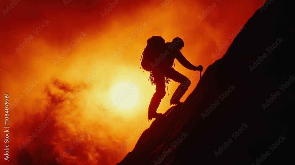 Silhouette of a climber ascending a rocky mountain, reaching for the summit against a fiery sunset sky. Silhouette of a climber ascending a rocky mountain, reaching for the summit against a fiery sunset sky.