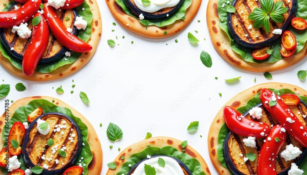 Illustration with copy space in the center, surrounded with flatbread toppings grilled eggplant, roasted red peppers, and tzatziki Illustration with copy space in the center, surrounded with flatbread toppings grilled eggplant, roasted red peppers, and tzatziki
