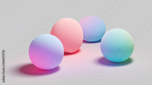 Four colorful spheres with gradient hues of pink, blue, and green, softly illuminated against a light gray background, creating a serene and modern aesthetic.