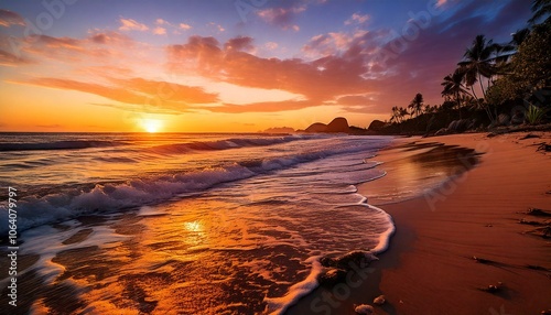 playa con oleaje suave en un hermoso atardecer