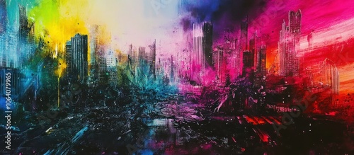 Abstract cityscape with vibrant colors, showcasing a destroyed, futuristic city.