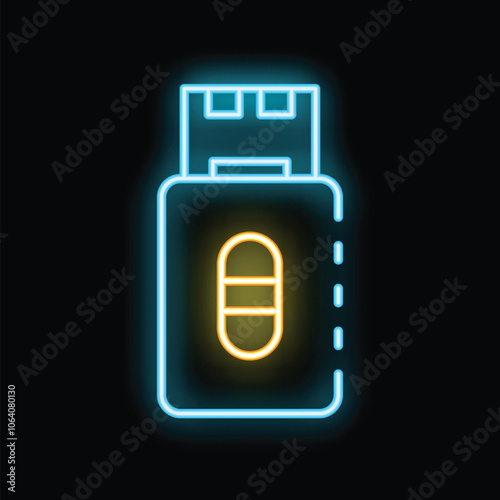 Neon usb flash drive icon glowing, concept of data storage