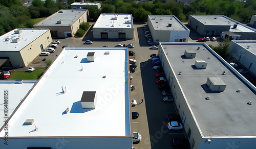 midday drone images show commercial roofs tpo asphalt shingles sunny conditions without people