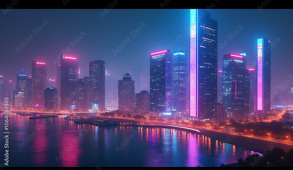 Fototapeta premium neon skyscrapers illuminate futuristic cityscape vibrant colors advanced digital technology