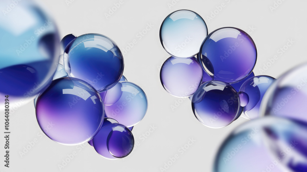 Fototapeta premium Translucent blue and purple spheres gracefully cluster together in a modern, minimalist composition, creating a calm and soothing visual experience.