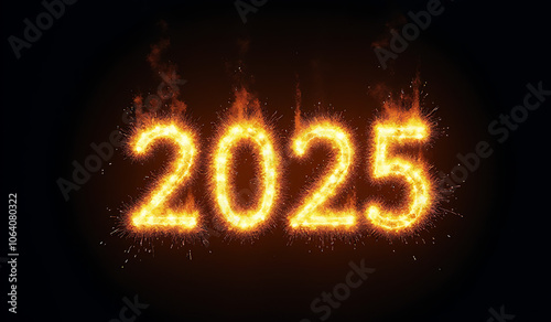 new year features sparkly burning text dark black background