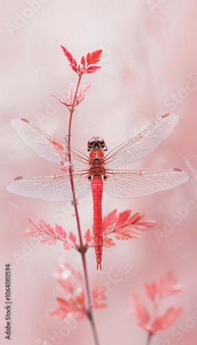 of a vibrant red dragonfly perched delicately on a twig, set against a soft pink backdrop