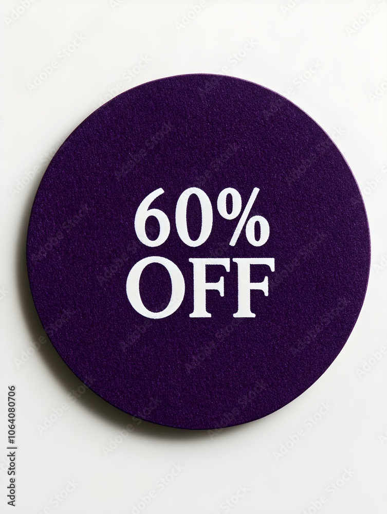 White '60% OFF' Text on a Dark Purple Round Paper Note. White Background White '60% OFF' Text on a Dark Purple Round Paper Note. White Background