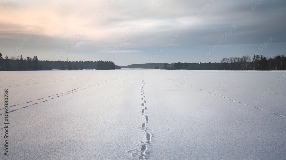 Snowy field with animal tracks in desolate landscape Snowy field with animal tracks in desolate landscape
