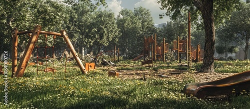 Abandoned playground with rusty swings, slides, and jungle gym overgrown with grass.
