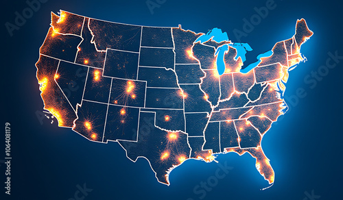 vibrant blue orange map highlights us connectivity tech networks nationwide detailed graphics