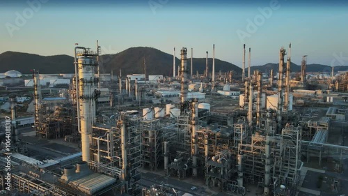 Aerial view of Oil refinery plant and petrochemical plant at twilight time.