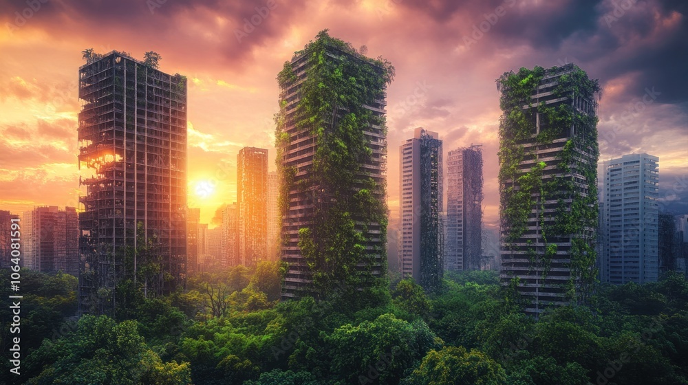 Obraz premium Overgrown skyscrapers at sunset. The buildings are covered in vegetation and the sky is a beautiful orange and purple.