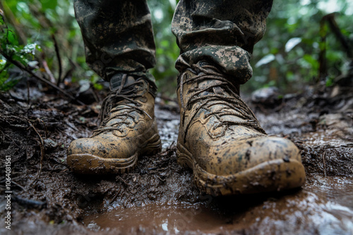 Close-up of a pair of military boots covered in mud, highlighting ruggedness and resilience in a challenging forest environment.