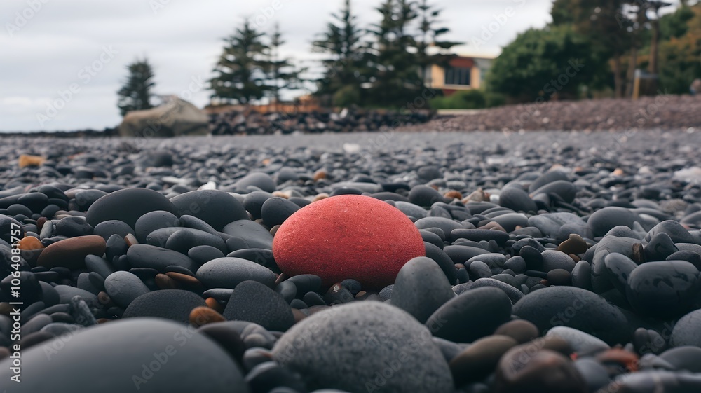 Obraz premium Stone-covered beach with red stone as focal point, overcast sky