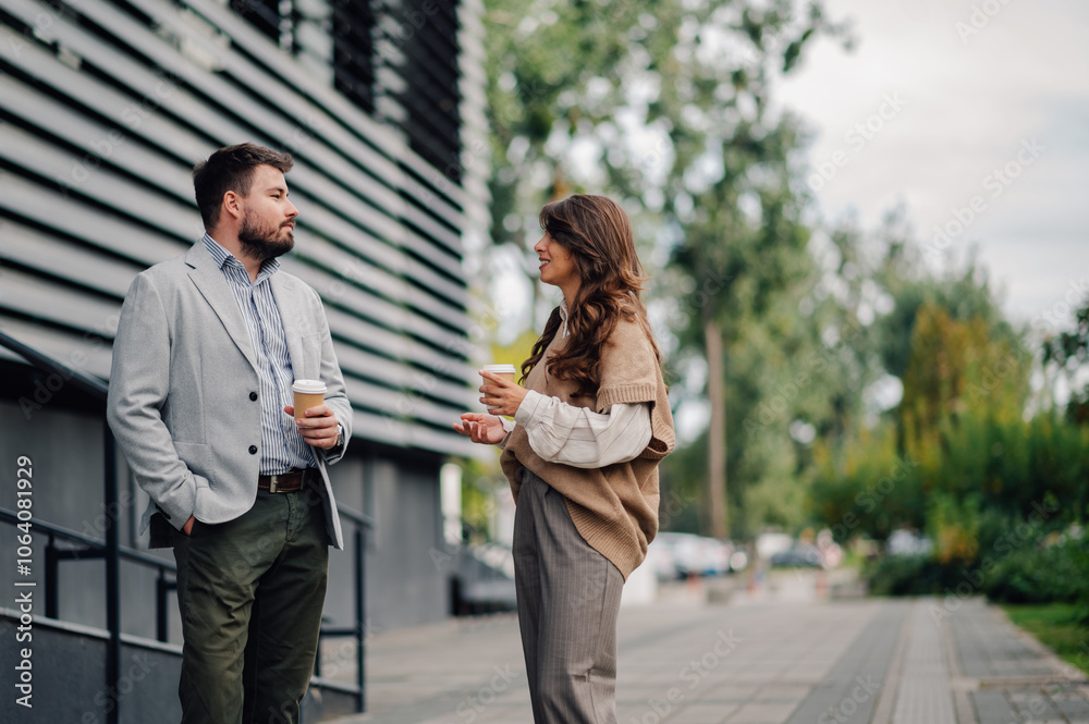 Businesspeople having informal meeting while enjoying coffee outside office Businesspeople having informal meeting while enjoying coffee outside office