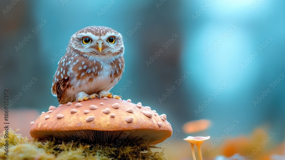 Obraz premium A small owl perched on a mushroom in a mystical forest setting, AI