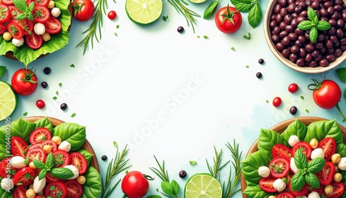 Illustration with copy space in the center, surrounded with fresh salads tabbouleh, fattoush, and black bean salad photo