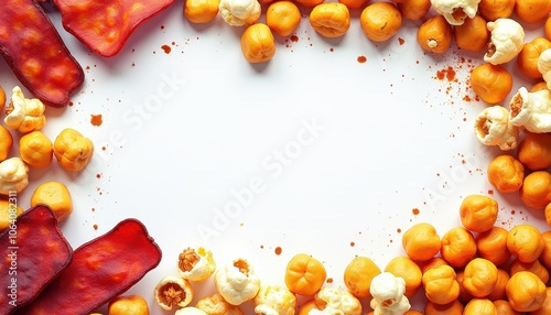 Illustration with copy space in the middle, surrounded with savory snacks beef jerky, cheddar popcorn, and roasted chickpeas photo