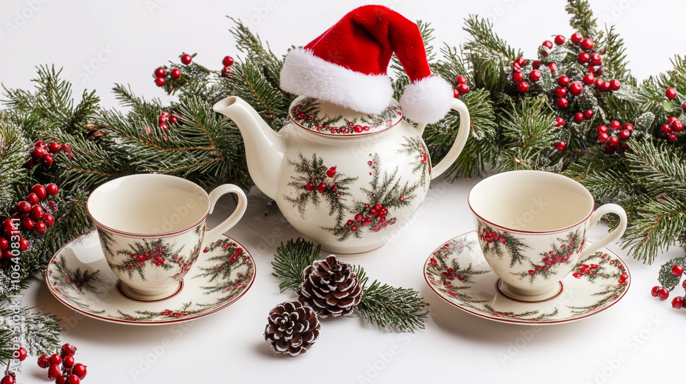 Fototapeta premium Christmas Tea Party Table Setting with Holly and Pine Decor