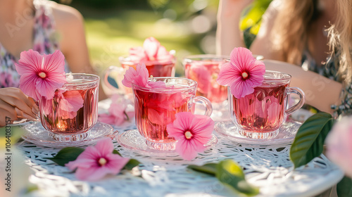 W tej wiosennej scenerii grupa przyjaciół delektuje się aromatycznym herbatą, podaną w eleganckich filiżankach, otoczonych różowymi kwiatami.