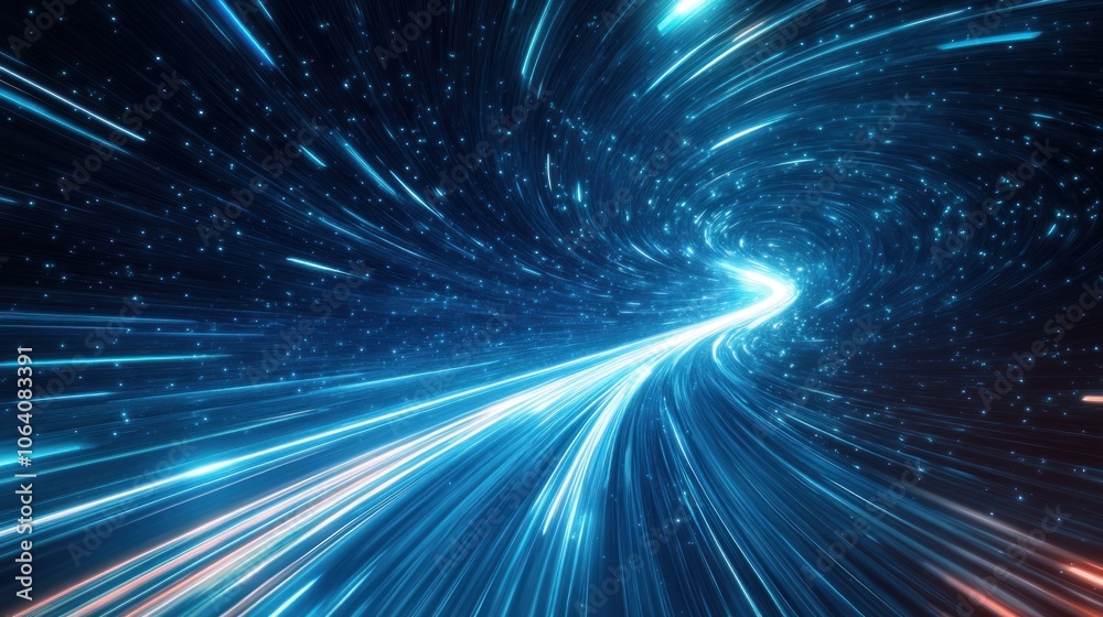 Abstract blue and white light trails in a swirling motion, creating a sense of speed and movement.