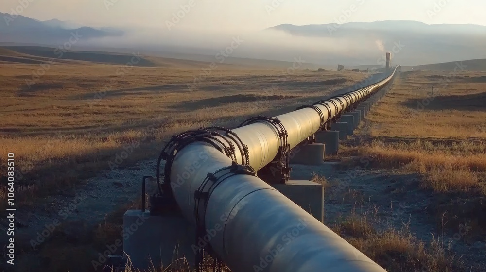 Long Oil Pipeline in a Desolate Landscape Long Oil Pipeline in a Desolate Landscape