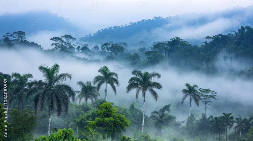 A misty morning in the rainforest, with palm trees in the foreground and rolling hills in the background. A misty morning in the rainforest, with palm trees in the foreground and rolling hills in the background.