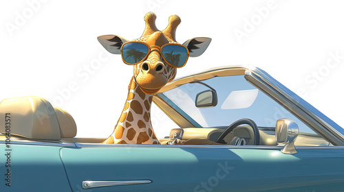 Cheerful Giraffe in Sunglasses Cruising in a Classic Convertible Generative AI photo