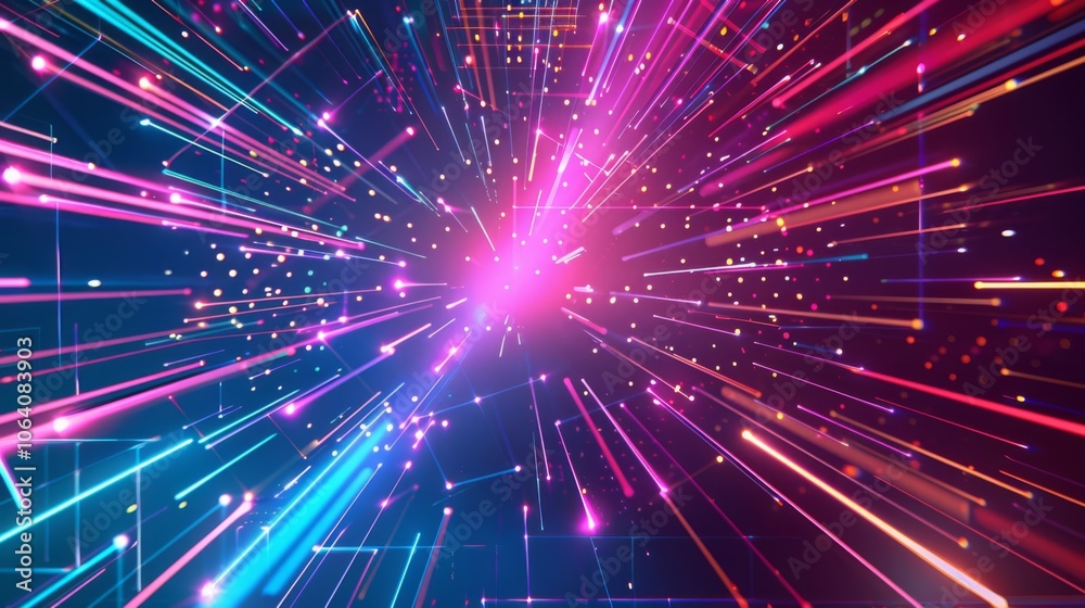 Abstract vibrant explosion of neon light rays in pink, blue, and purple hues, converging at a central point on a dark background. The energetic beams and bokeh effects convey motion and intensity Abstract vibrant explosion of neon light rays in pink, blue, and purple hues, converging at a central point on a dark background. The energetic beams and bokeh effects convey motion and intensity