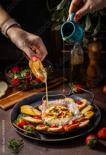 Woman pouring honey on baked camembert with strawberries and toasted bread