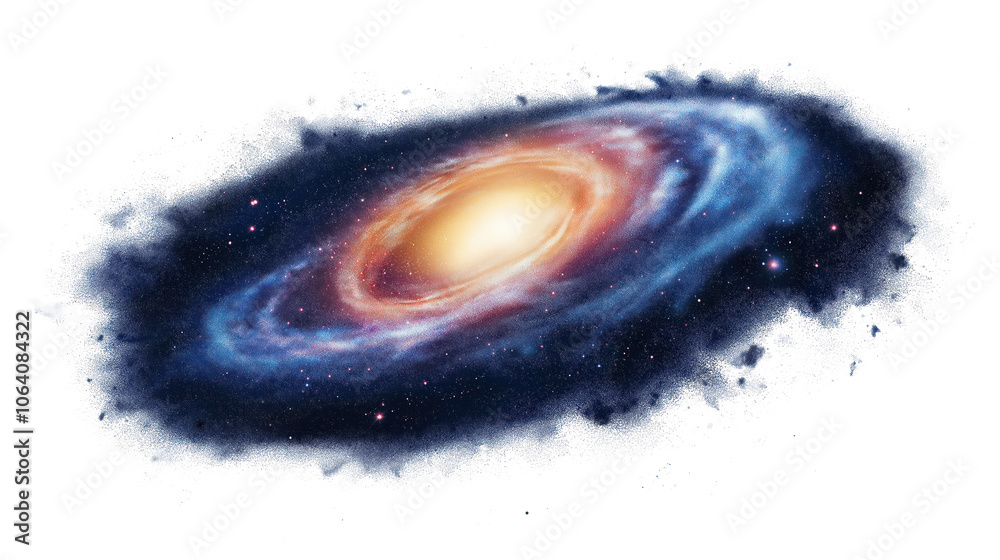 Fototapeta premium Galaxy digital illustration with vibrant blue and orange hues. Stars of varying sizes and colors scattered throughout galaxy. Yellow center stands out against darkness. Flat, two-dimensional style.