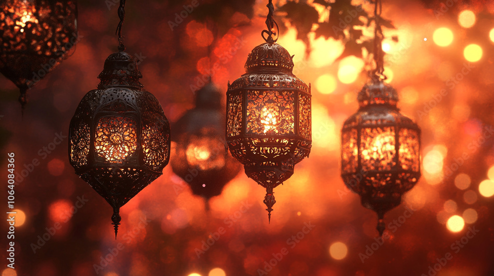 Ornate Metal Lanterns Hanging with Warm Light and Bokeh Background Ornate Metal Lanterns Hanging with Warm Light and Bokeh Background