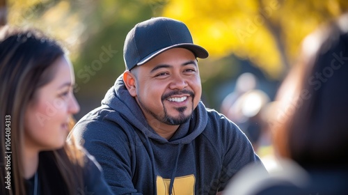 A man smiles at a group of people while sitting outdoors.