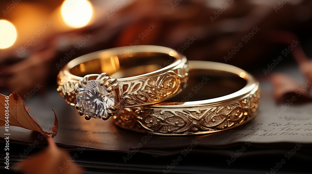 Close-up of golden wedding rings atop an open book, symbolizing love and commitment. Close-up of golden wedding rings atop an open book, symbolizing love and commitment.