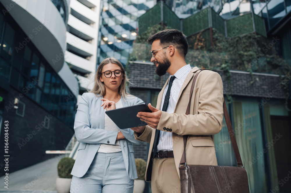 Business people having outdoor meeting while using digital tablet Business people having outdoor meeting while using digital tablet