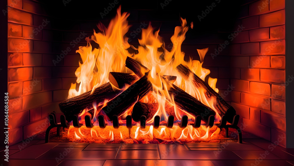 Obraz premium fireplace with burning logs, fireplace with fire, living room with fireplace, relaxing, ai generated