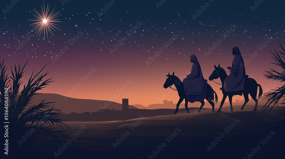 Silhouette desert background, Mary and Joseph travel on donkey, walk toward nativity scene, embody journey of faith in Christianity as they approach birthplace of Jesus Christ guide by shine star. Silhouette desert background, Mary and Joseph travel on donkey, walk toward nativity scene, embody journey of faith in Christianity as they approach birthplace of Jesus Christ guide by shine star.