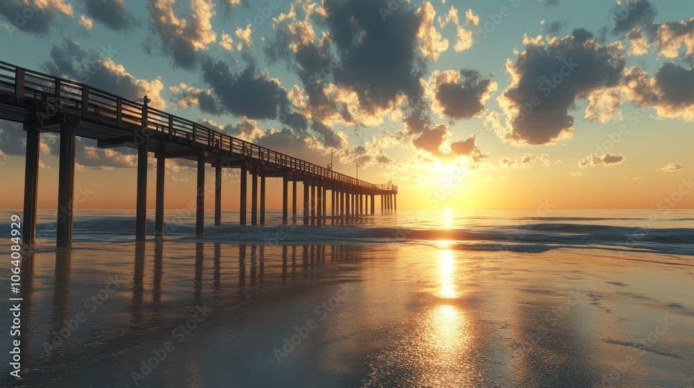Fototapeta premium A wooden pier extends into the ocean at sunset, with the sun glowing brightly in the distance. The water is calm and reflective, and the sky is filled with clouds.