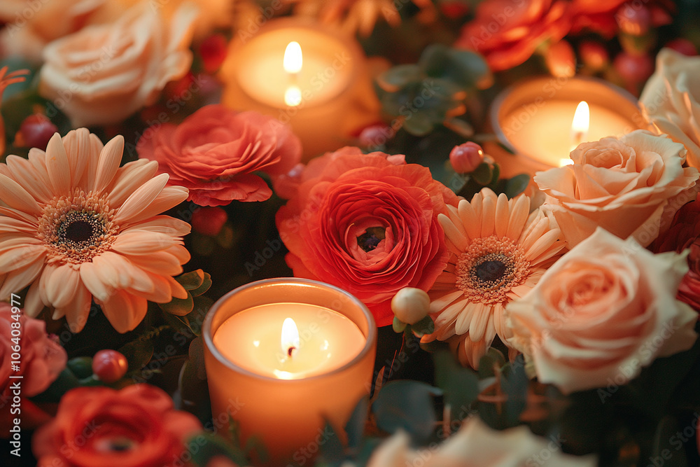 a table centerpiece made of seasonal flowers and candles. a table centerpiece made of seasonal flowers and candles.