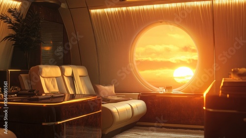 Wallpaper Mural Luxurious first-class jet cabin with a sunset view through the window.
 Torontodigital.ca