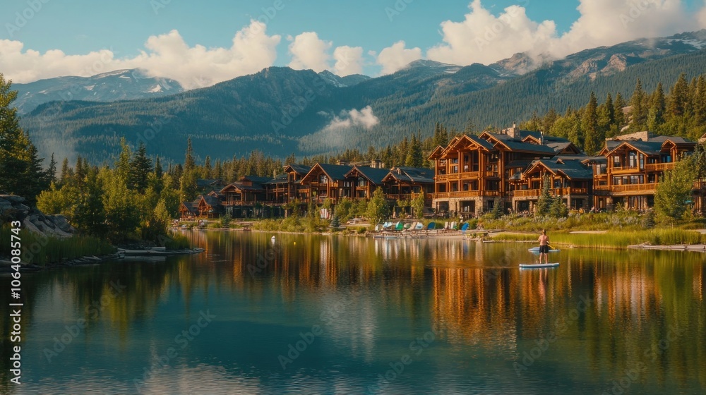 Fototapeta premium A tranquil lake with a man paddleboarding in the foreground, surrounded by wooden houses and a mountain range in the background.