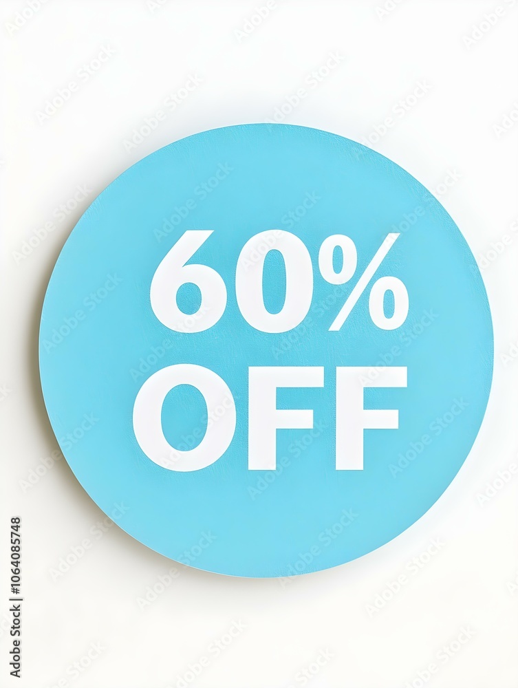 White '60% OFF' Text on a Light Blue Round Paper Note. White Background White '60% OFF' Text on a Light Blue Round Paper Note. White Background
