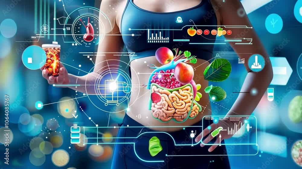 Digital health and nutrition concept showing a woman with an overlay of the digestive system and healthy foods, surrounded by futuristic interface graphics. Innovative and wellness-focused design. 4K 